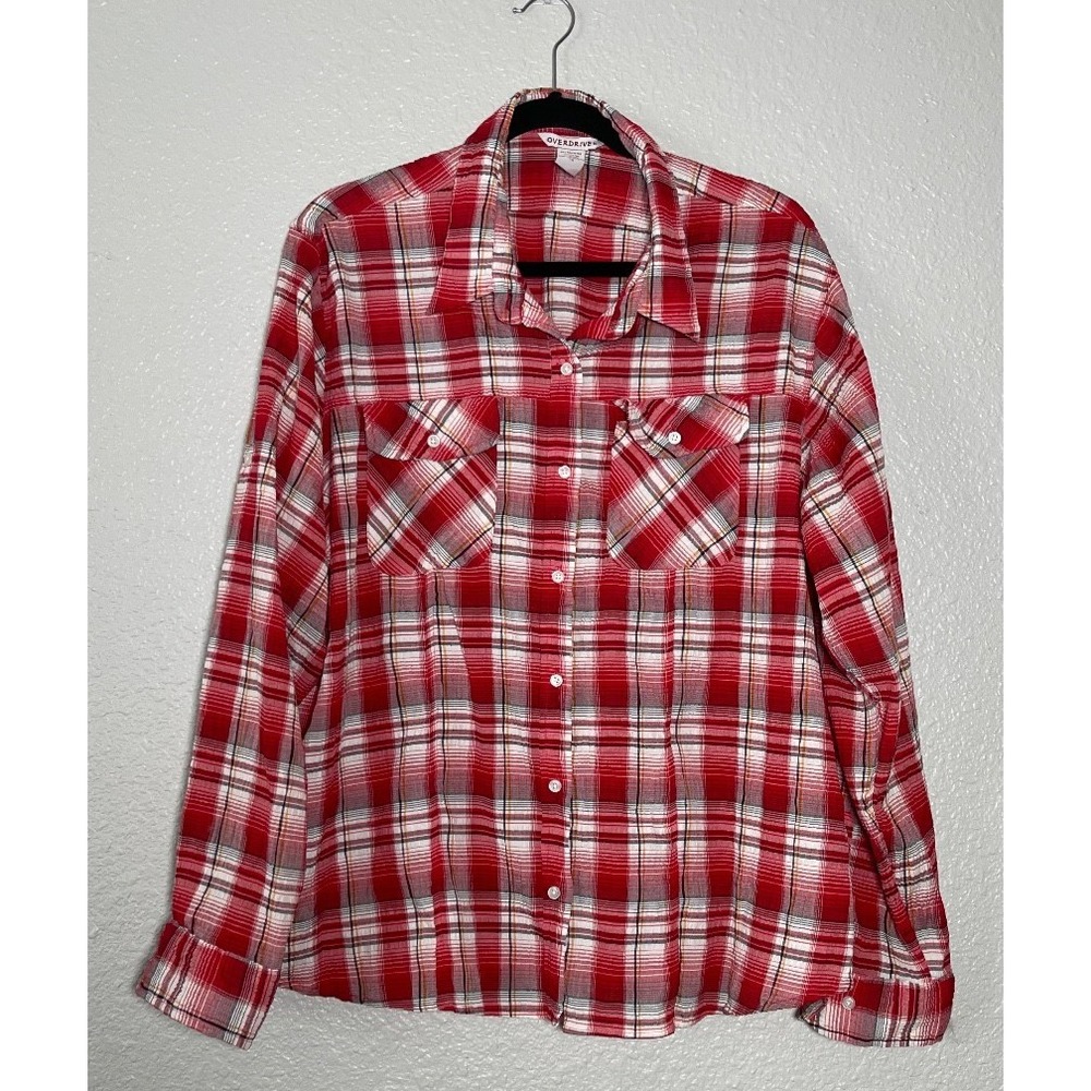 Overdrive Shirt Women's Size 2X Red Plaid Seersucker Pockets Lightweight
